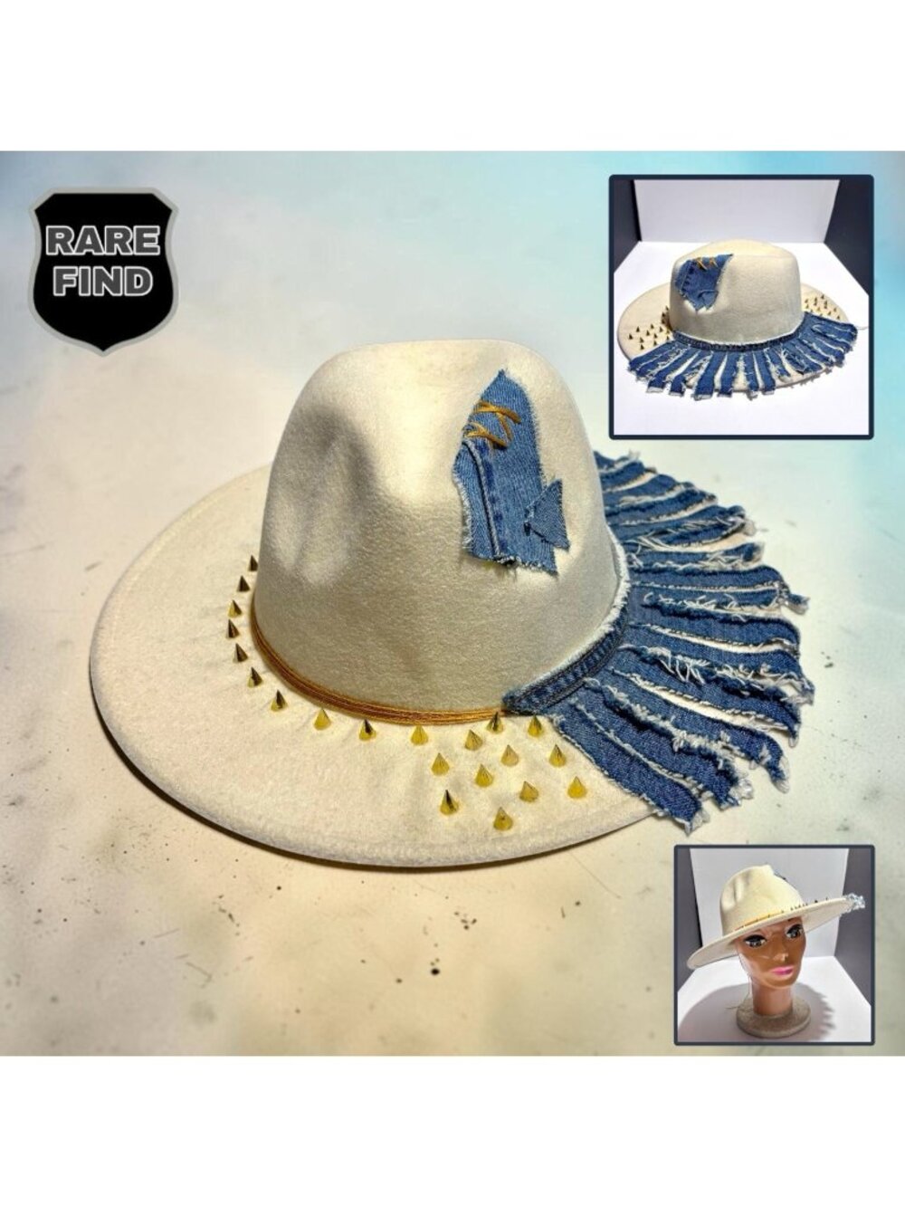 Custom Made Women’s BoHo Chic Punk Wide Brim Cream Colored Felt Fedora Rancher.